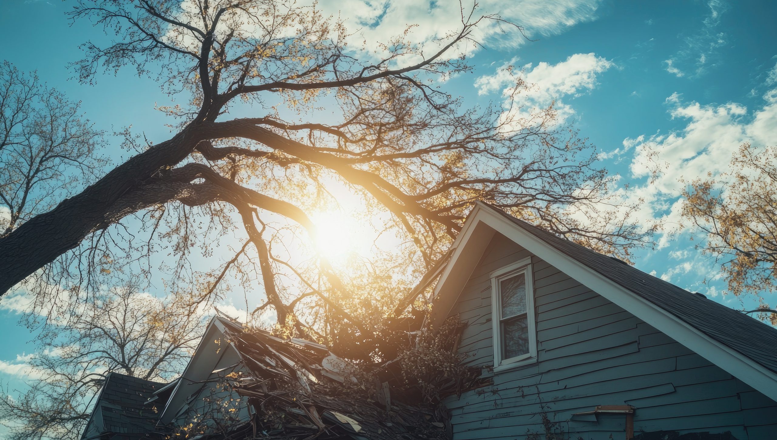 A tree falling on the roof of a home on a sunny day, with the sun shining through the branches.